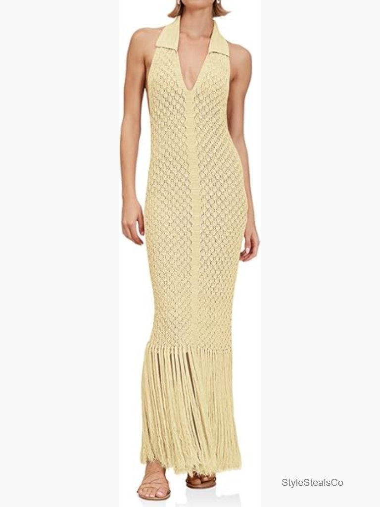 Halter Crochet Cover Up Fringe Backless Sleeveless V Neck Maxi Beach Dress